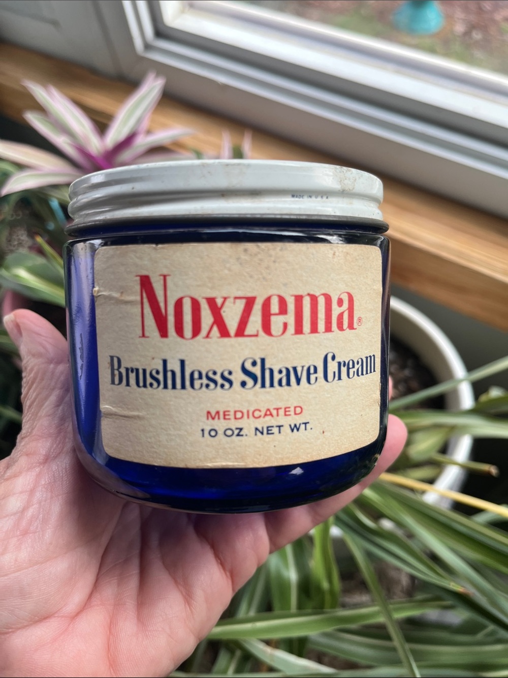 Vtg NOXEMA Shave Cream Cobalt Blue #4 Glass Jar Paper Label Empty Prop Decor